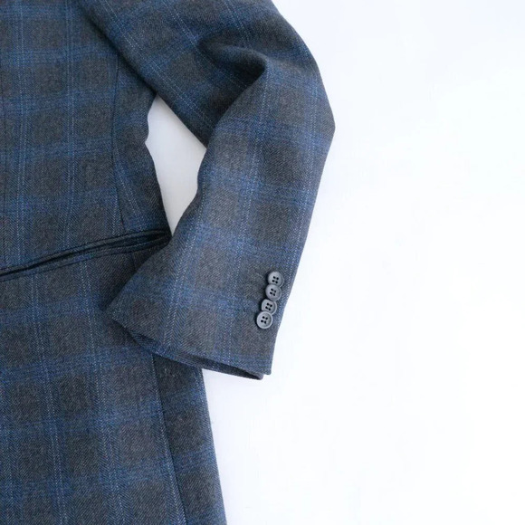 Perry Ellis Vintage Grey Blue Checker Pattern Wool Three Button Blazer - Size 44 - Picture 5 of 11